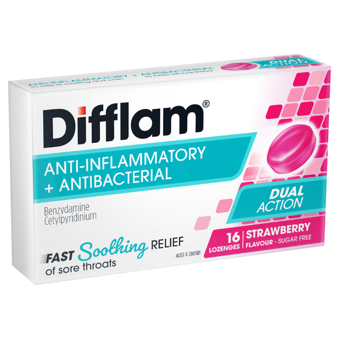 Difflam Anti-Inflammatory and Antibacterial Sugar Free Strawberry 16 Lozenges