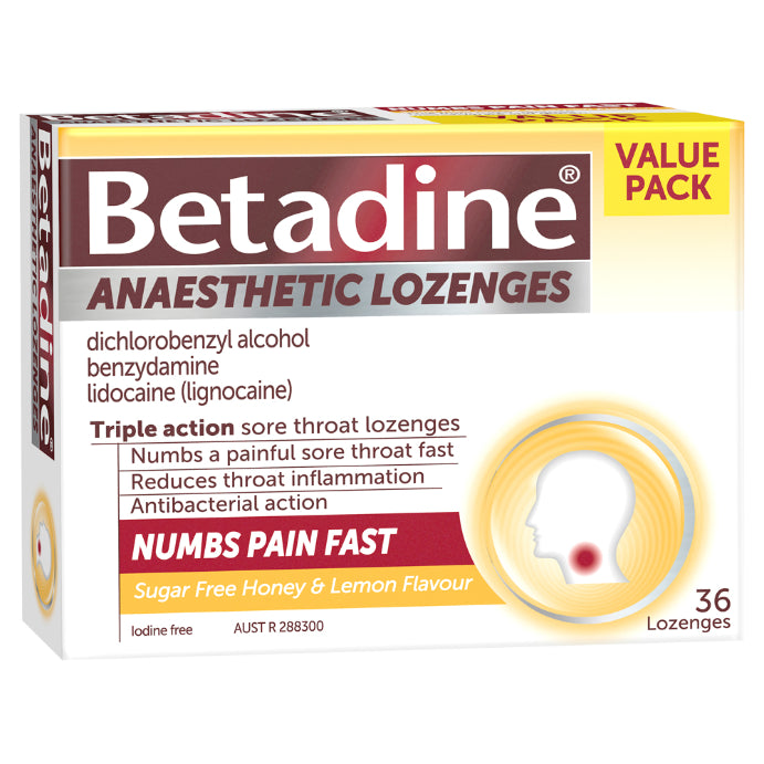 Betadine Anaesthetic Lozenges Honey & Lemon Flavour 36 Lozenges