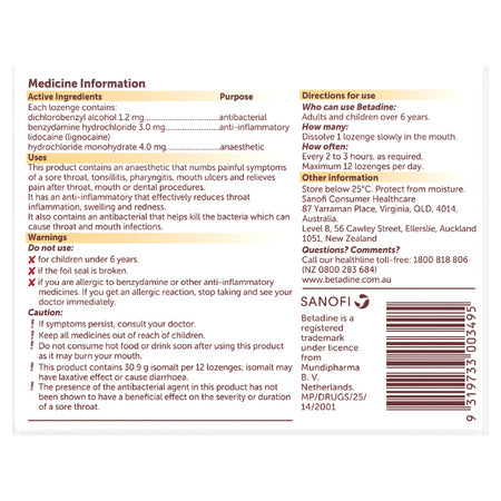 Betadine Anaesthetic Lozenges Honey & Lemon Flavour 36 Lozenges