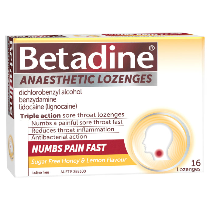 Betadine Anaesthetic + Antibacterial + Anti-inflammatory Lozenges - Honey & Lemon 16 Loz