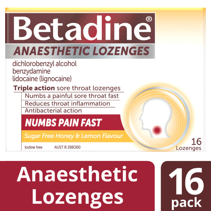 Betadine Anaesthetic + Antibacterial + Anti-inflammatory Lozenges - Honey & Lemon 16 Loz