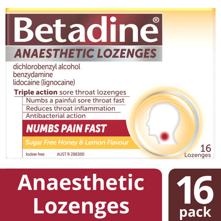 Betadine Anaesthetic + Antibacterial + Anti-inflammatory Lozenges - Honey & Lemon 16 Loz