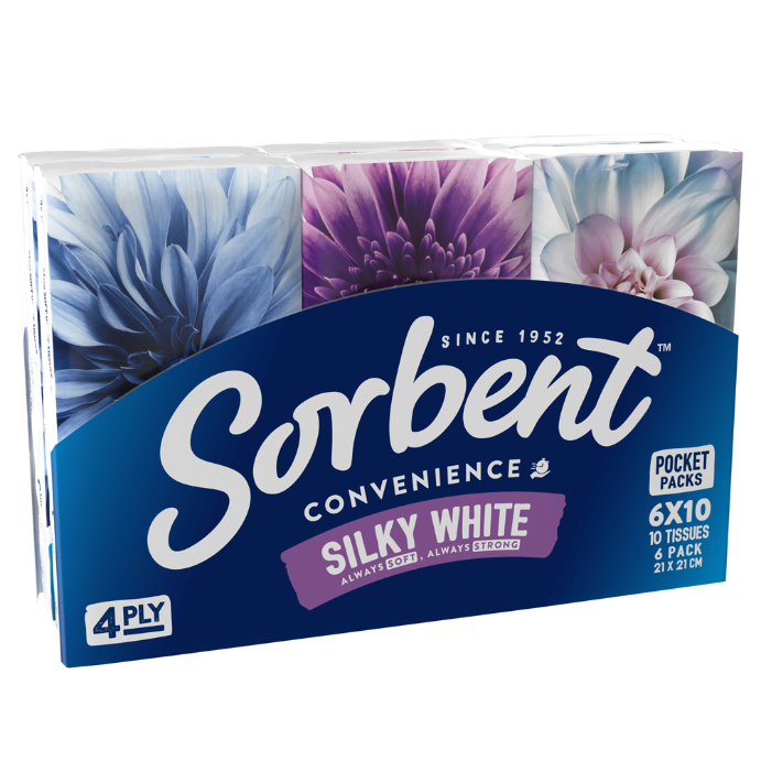 Sorbent Silky White Facial Tissues 6x10 Pack
