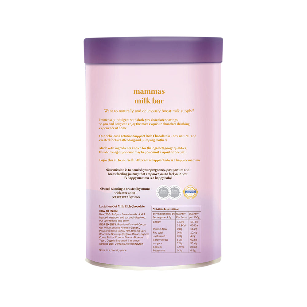 Mammas Milk Bar Oat Milk Rich Chocolate Lactation Support Drinking Chocolate 500g