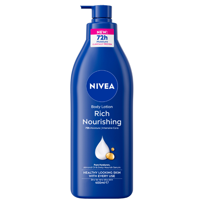 A 400ml bottle of Nivea Rich Nourishing Body Lotion in a deep blue color, featuring a matching blue pump dispenser. The bottle has a white and pink 'NEW 72h Moisture Intensive Care' label at the neck and white text detailing the product's benefits.