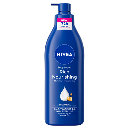 A 400ml bottle of Nivea Rich Nourishing Body Lotion in a deep blue color, featuring a matching blue pump dispenser. The bottle has a white and pink 'NEW 72h Moisture Intensive Care' label at the neck and white text detailing the product's benefits.