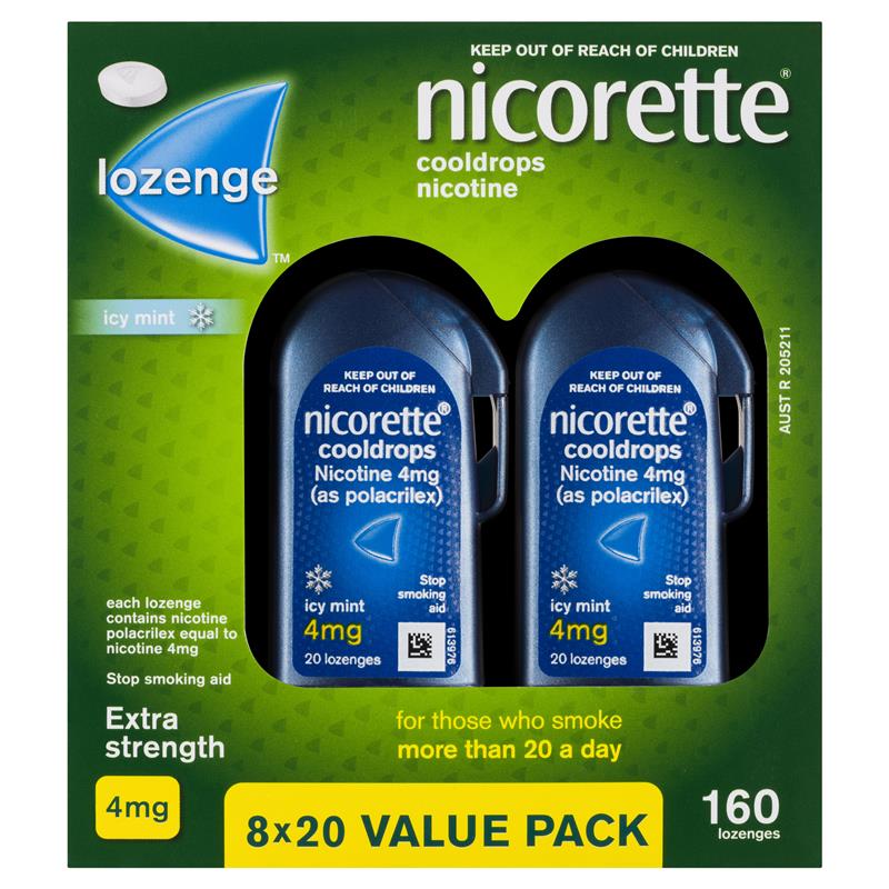 Nicorette Quit Smoking Extra Strength Cooldrops Nicotine Lozenge Icy Mint 8 x 20 Pack