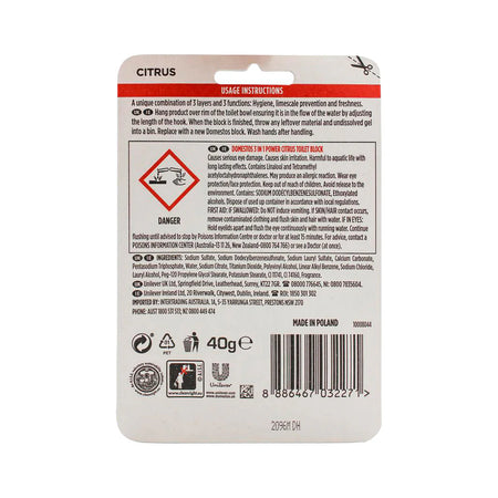 Domestos 3 In 1 Power Toilet Rim Block Citrus 40g