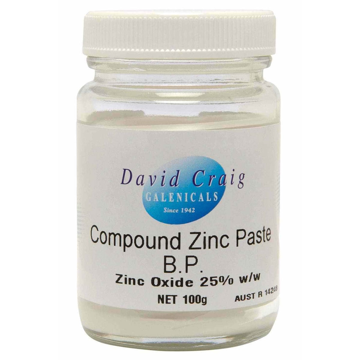 David Craig Compound Zinc Paste in a clear jar with a white label, indicating Zinc Oxide 25% w/w and net weight of 100g.