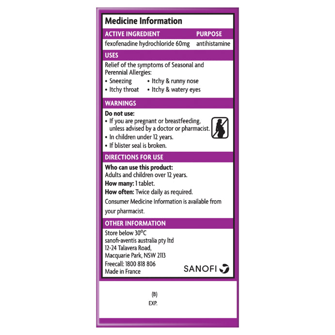 Telfast Hayfever Allergy Relief 12 Hour 60mg 20 Tablets