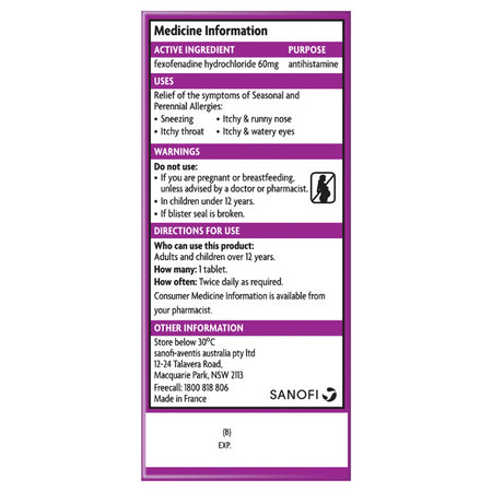 Telfast Hayfever Allergy Relief 12 Hour 60mg 20 Tablets