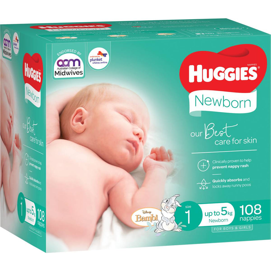 Huggies Newborn Nappies Size 1 (up To 5kg) 108 Pack