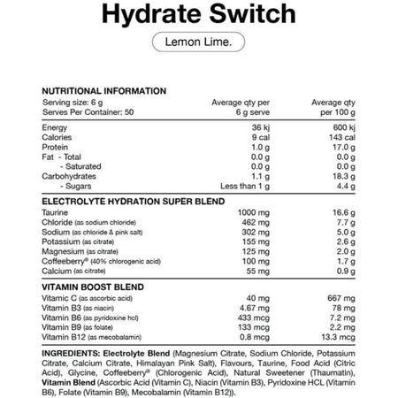 Switch Nutrition Hydrate Everyday Sugar Free Electrolytes Lemon Lime 300g