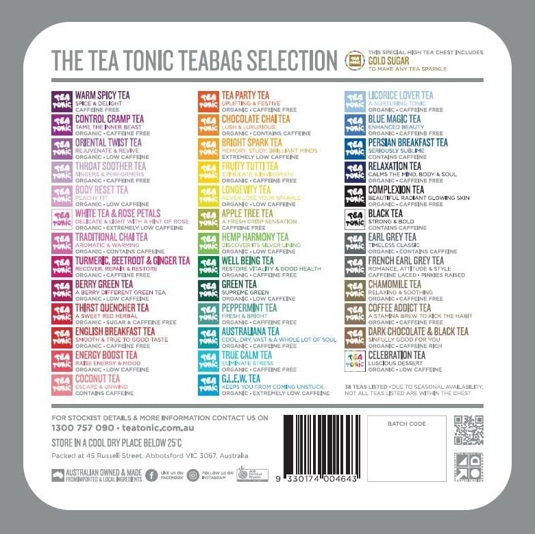 Tea Tonic Gourmet Tin Tea Chest High Tea x 63 Tea Bags + Mini Gold Sugar