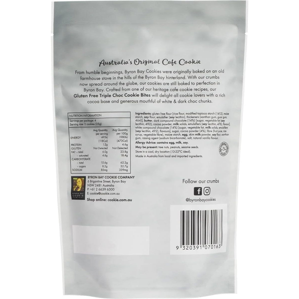 Byron Bay Gluten Free Triple Choc Fudge Cookie Bites in Pouch 100g