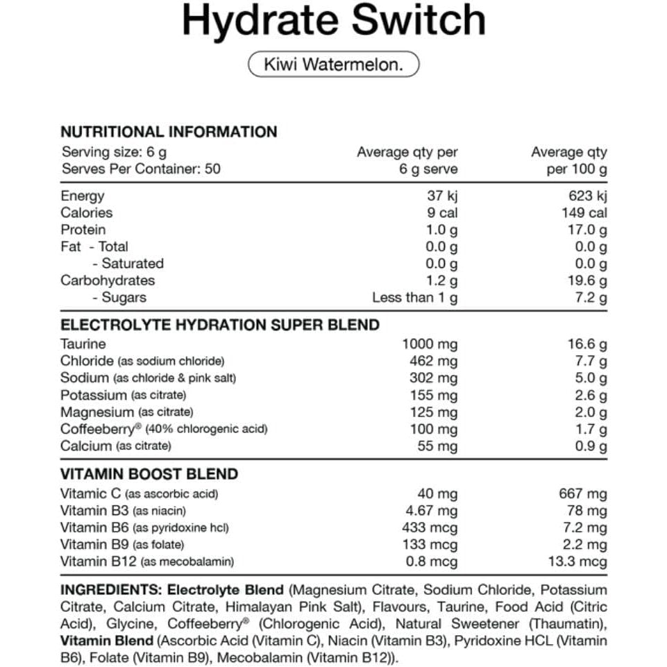 Switch Nutrition Hydrate Everyday Sugar Free Electrolytes Kiwi Watermelon 300g