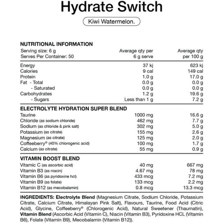 Switch Nutrition Hydrate Everyday Sugar Free Electrolytes Kiwi Watermelon 300g