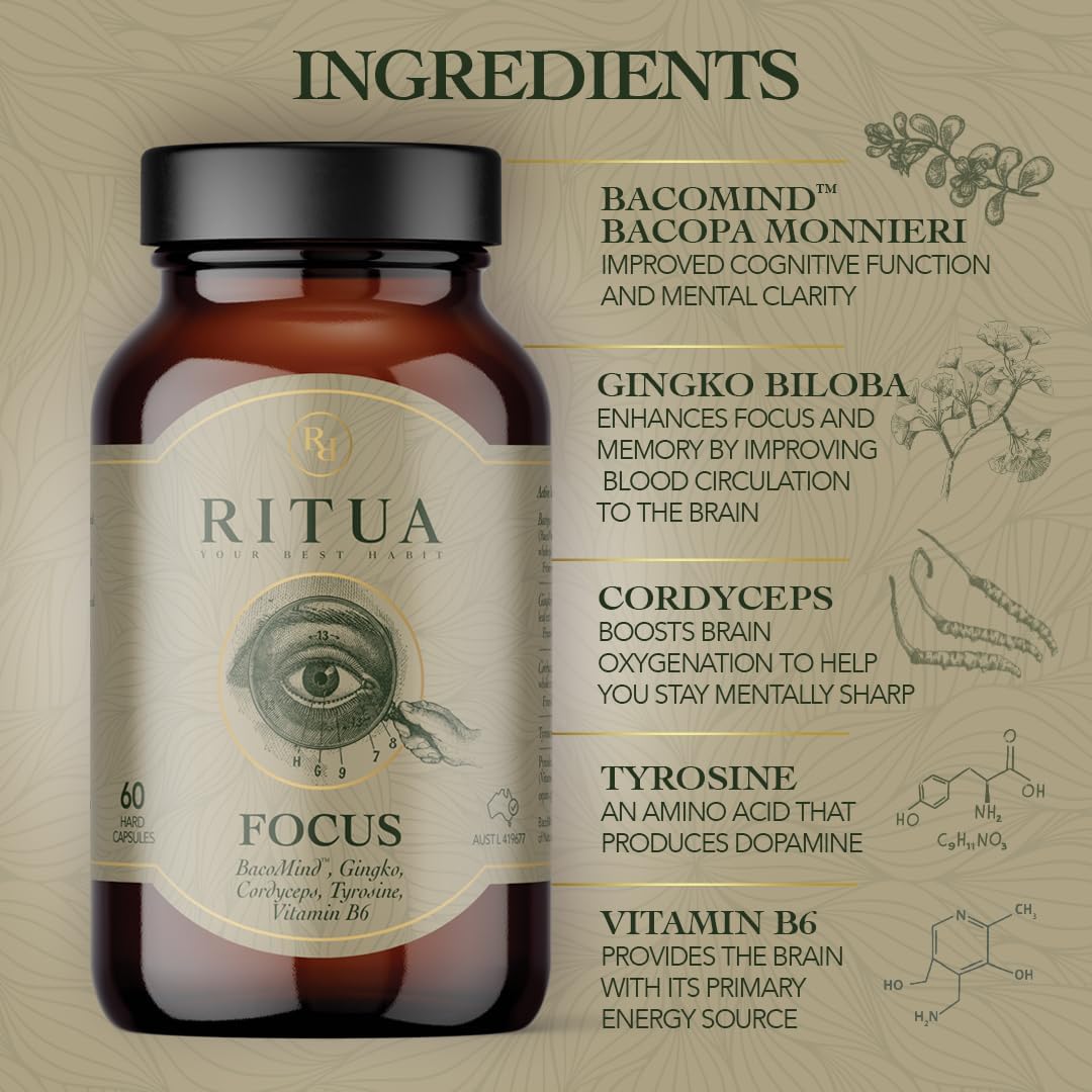 RITUA FOCUS BacoMind Ginko Cordyceps Tyrosine B6 60 Caps