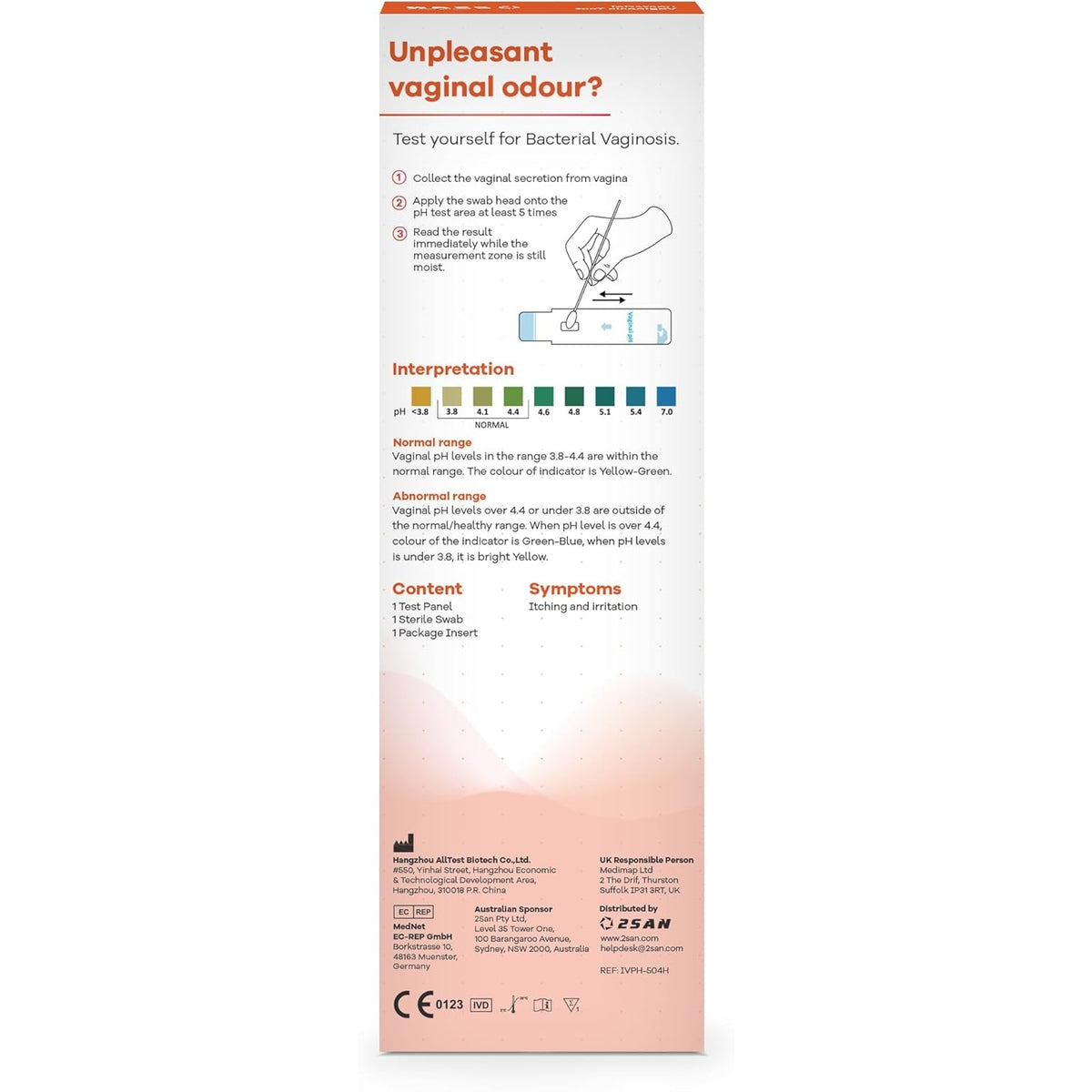 2SAN Vaginal pH Rapid Test Panel 1 Pack Vaginal Swab