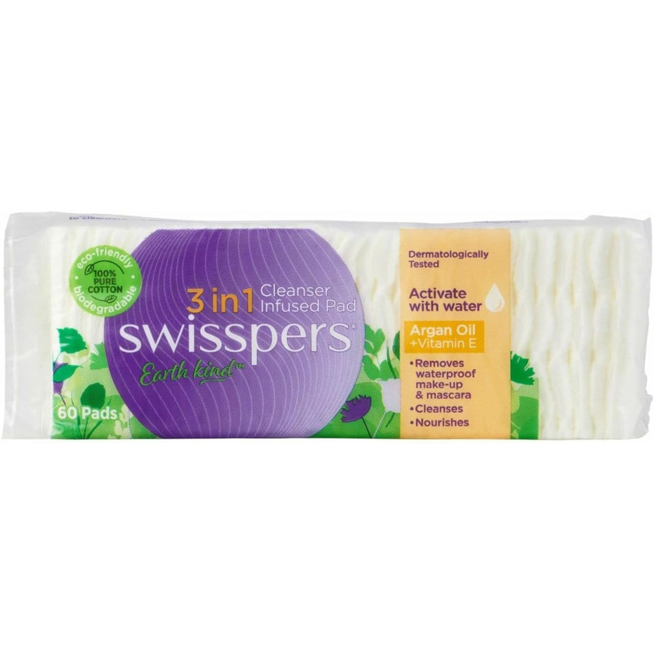 Swisspers Earth Kind 3-in-1 Cleanser Infused Pads Argan Oil & Vitamin E 60 Pack
