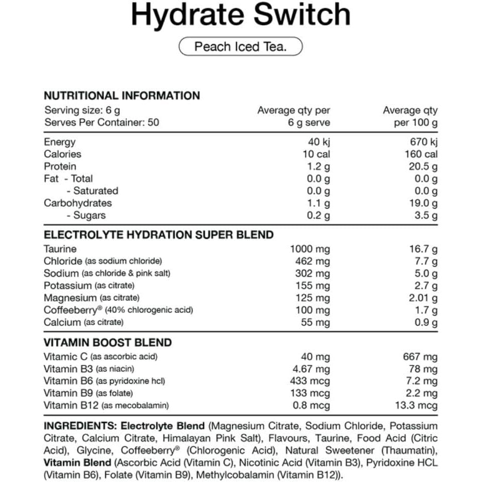 Switch Nutrition Hydrate Everyday Sugar Free Electrolytes Peach Iced Tea 300g