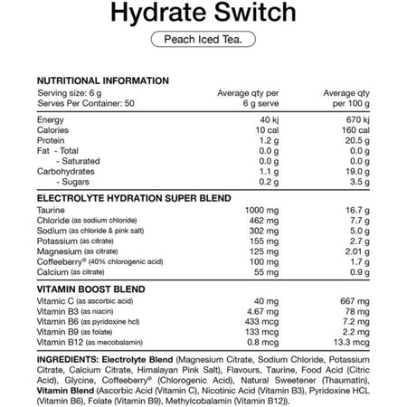 Switch Nutrition Hydrate Everyday Sugar Free Electrolytes Peach Iced Tea 300g