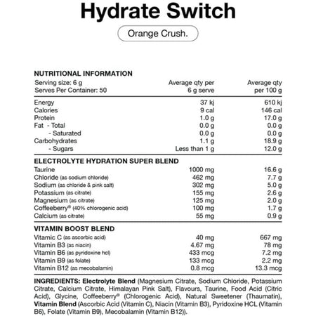 Switch Nutrition Hydrate Everyday Sugar Free Electrolytes Orange Crush 300g
