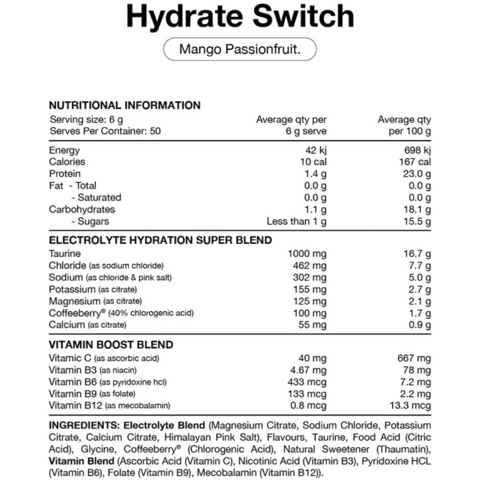Switch Nutrition Hydrate Everyday Sugar Free Electrolytes Mango Passionfruit 300g