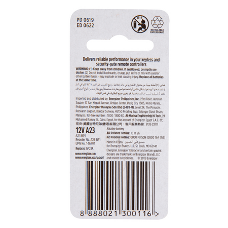 Energizer Alkaline A23 12v Battery 1 Each