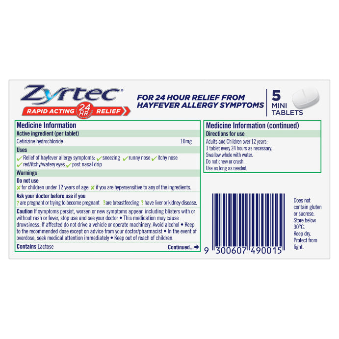 Zyrtec Cetrizine Rapid Acting 24 Hour Relief 5 Tablets