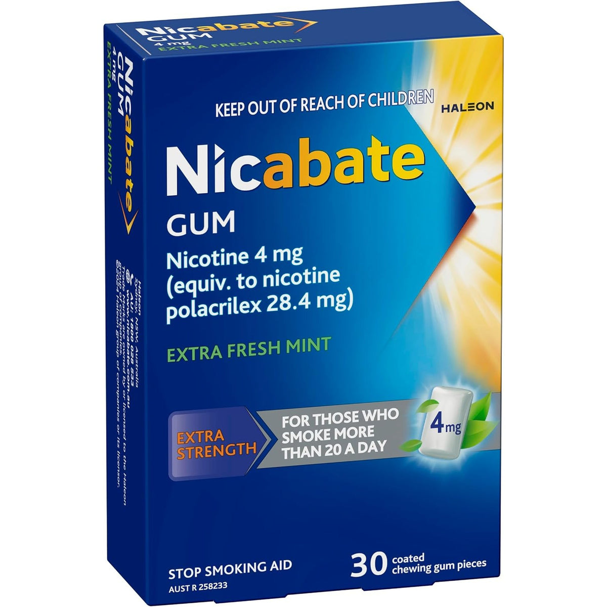 Nicabate Extra Fresh Mint Gum Quit Smoking 4mg 30 Pack