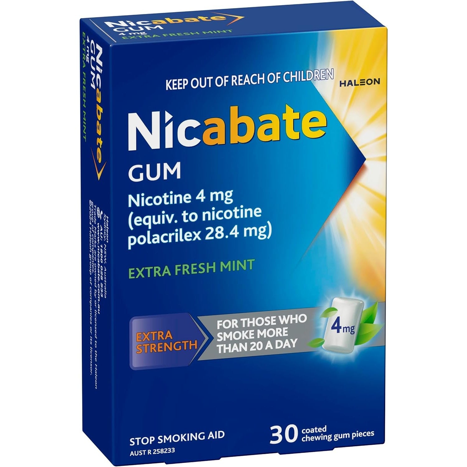 Nicabate Extra Fresh Mint Gum Quit Smoking 4mg 30 Pack