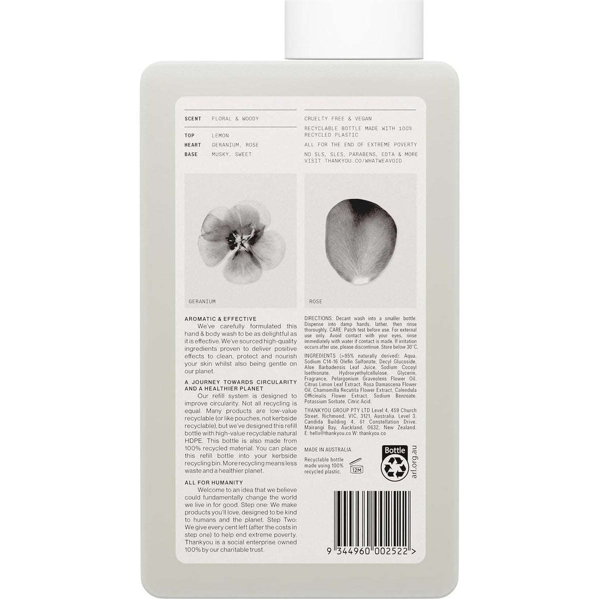 Thankyou Hand & Body Wash Botanical Geranium Rose & Wood Refill 1L