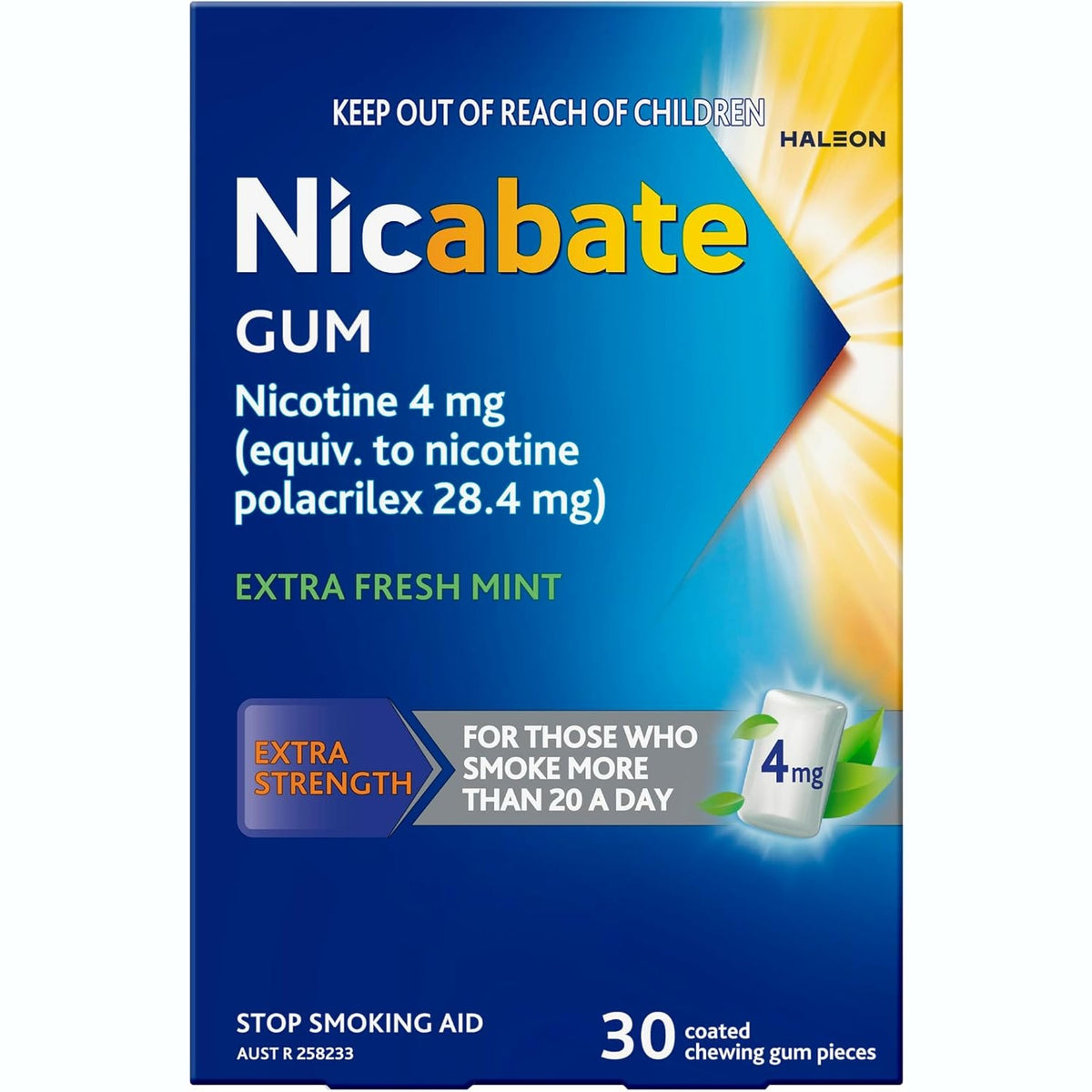 Nicabate Extra Fresh Mint Gum Quit Smoking 4mg 30 Pack