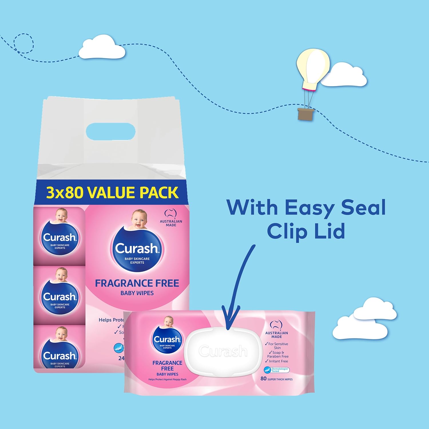 Curash Fragrance Free Baby Wipes 8 X 80 Pack