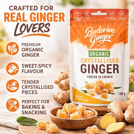 Buderim Ginger Organic Crystallised Ginger Coated in Crunch 100g