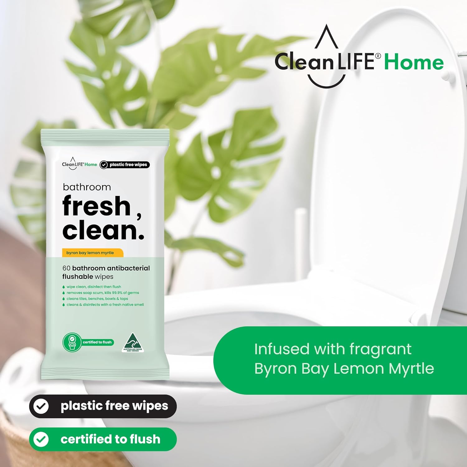 CleanLIFE Bathroom Fresh Clean Flushable Plastic Free Wipes 60pk