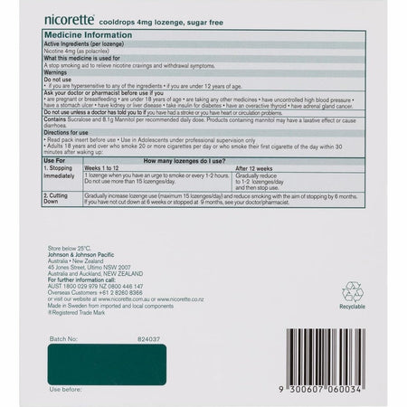 Nicorette Quit Smoking Extra Strength Cooldrops Nicotine Lozenge Icy Mint 8 x 20 Pack