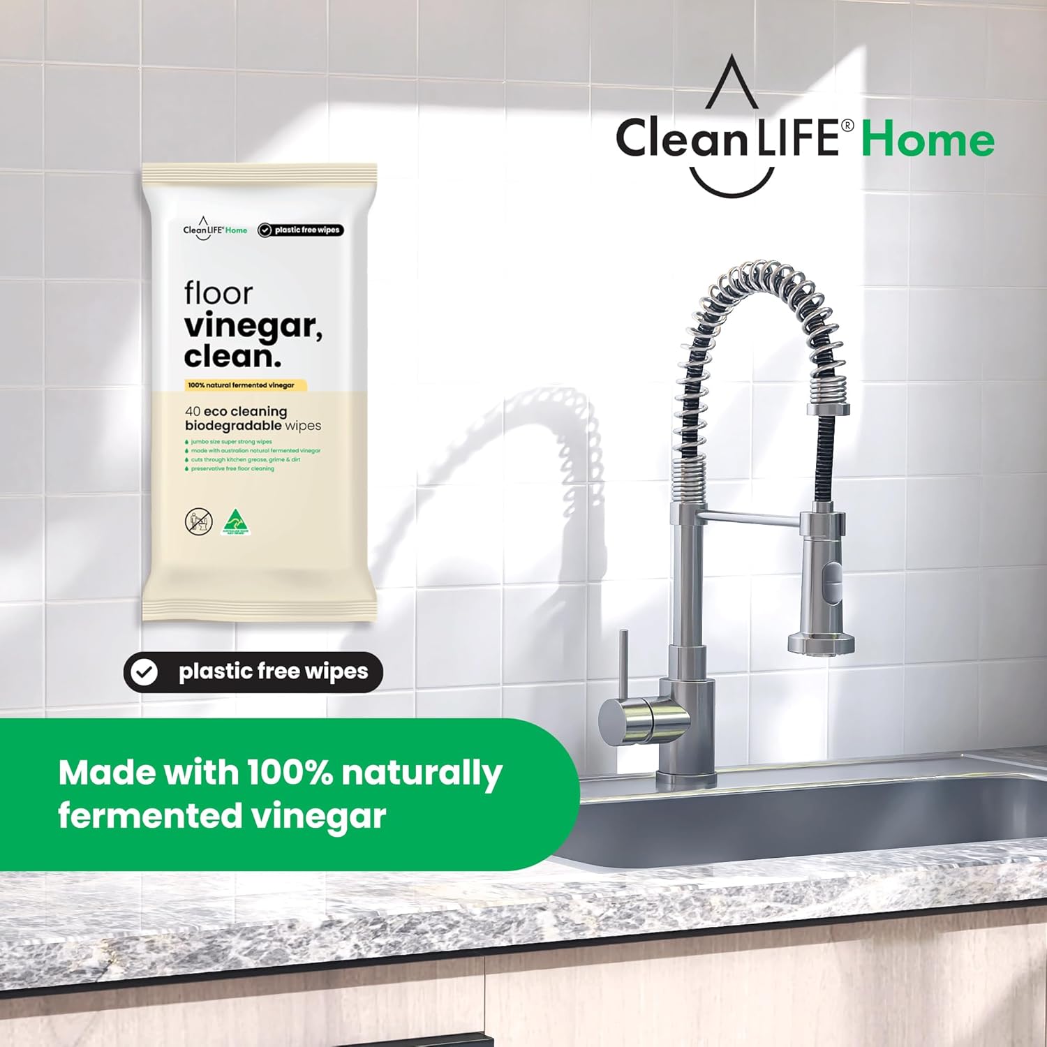 CleanLIFE Vinegar Clean Floor Plastic Free Wipes 40pk