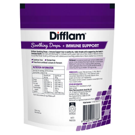 Difflam Soothing Throat Drops + Immune Support Black Elderberry flavour 20 Drops