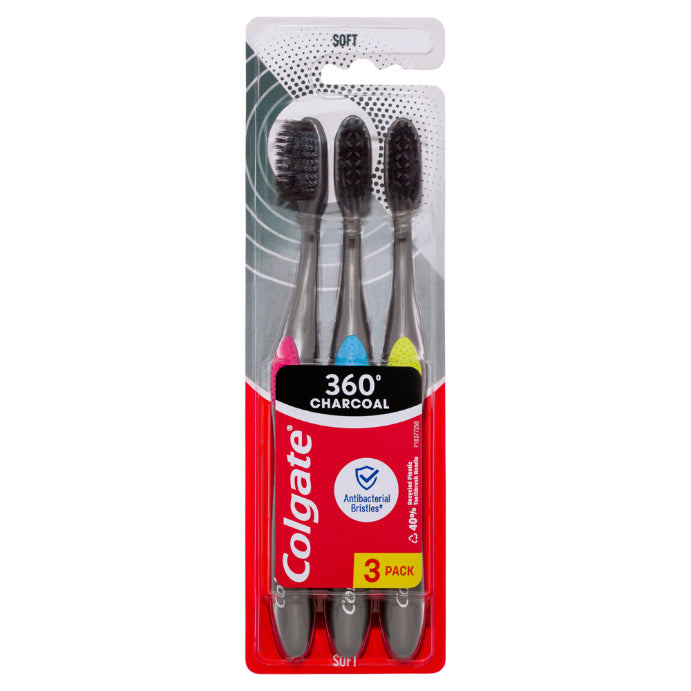Colgate 360 Charcoal Antibacterial Soft Spiral Toothbrush 3 Pack