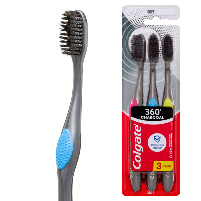 Colgate 360 Charcoal Antibacterial Soft Spiral Toothbrush 3 Pack