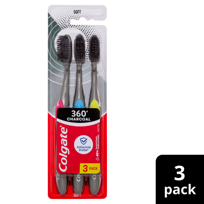 Colgate 360 Charcoal Antibacterial Soft Spiral Toothbrush 3 Pack
