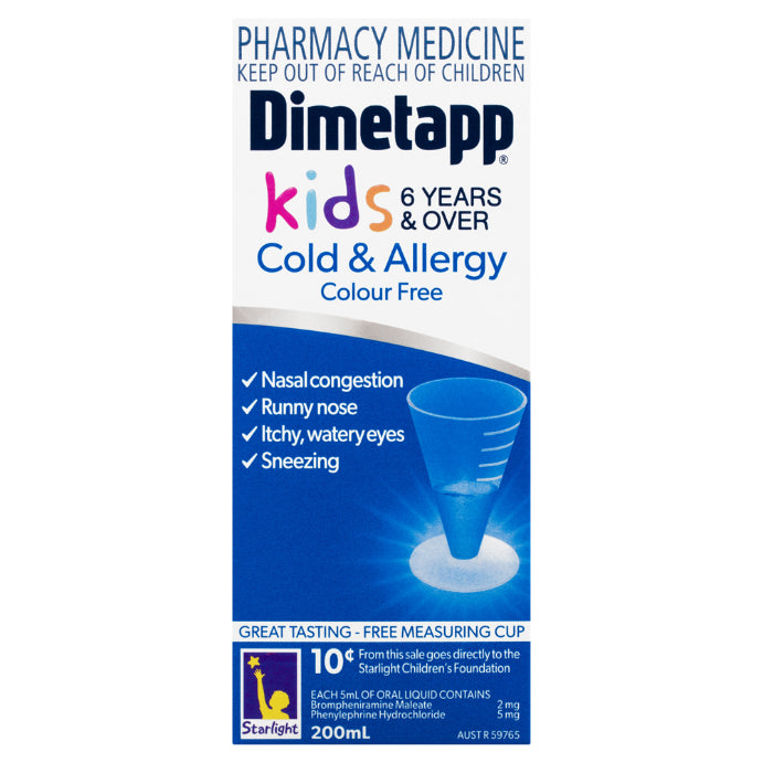Dimetapp Cold & Allergy Kids 6yrs+ Colour Free 200mL
