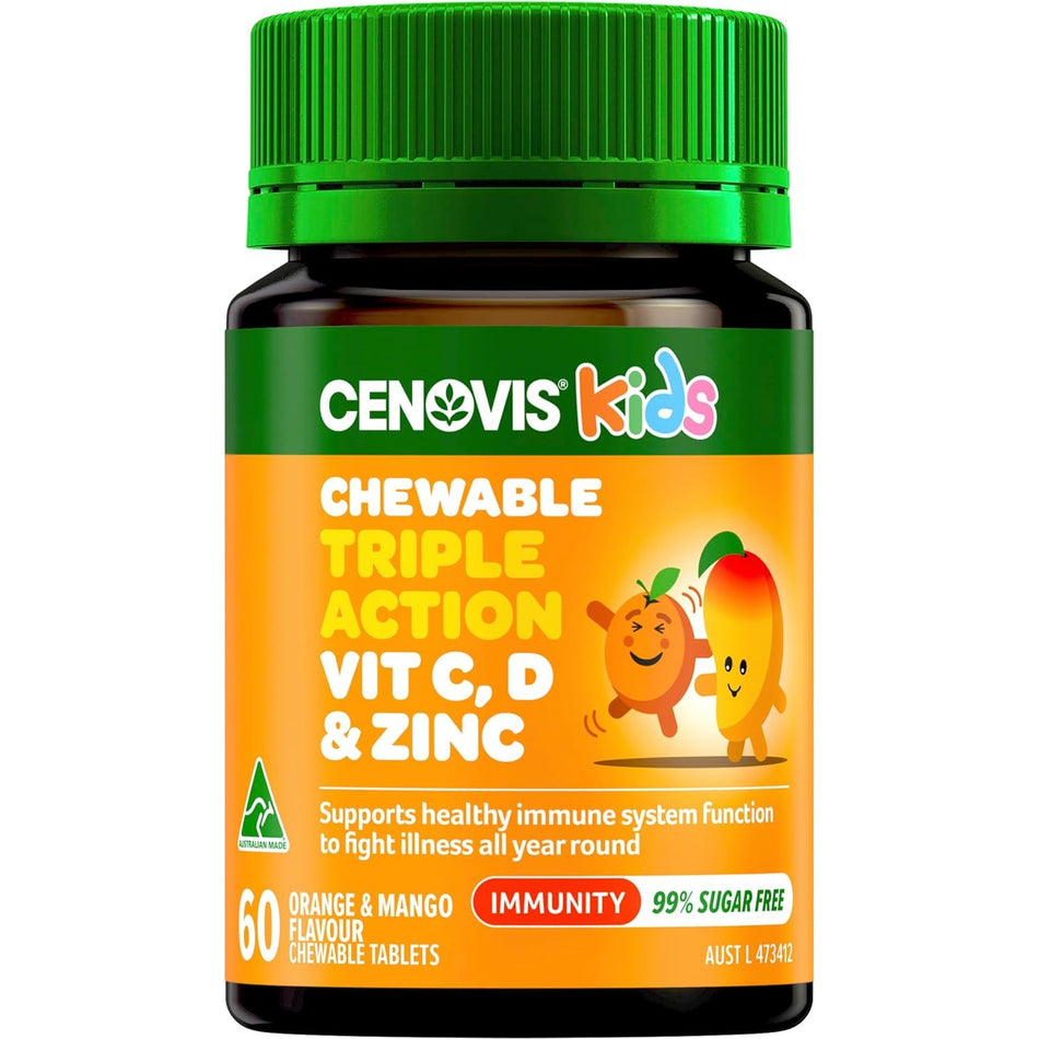 Cenovis Kids Chewable Triple Action Vit C, D & Zinc Orange & Mango Flavour 60 Tablets