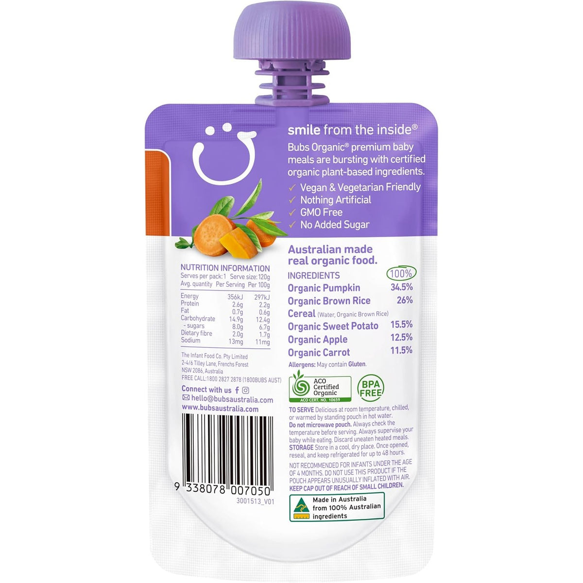 Bubs Organic Sweet Potato Carrot & Pumpkin 120g