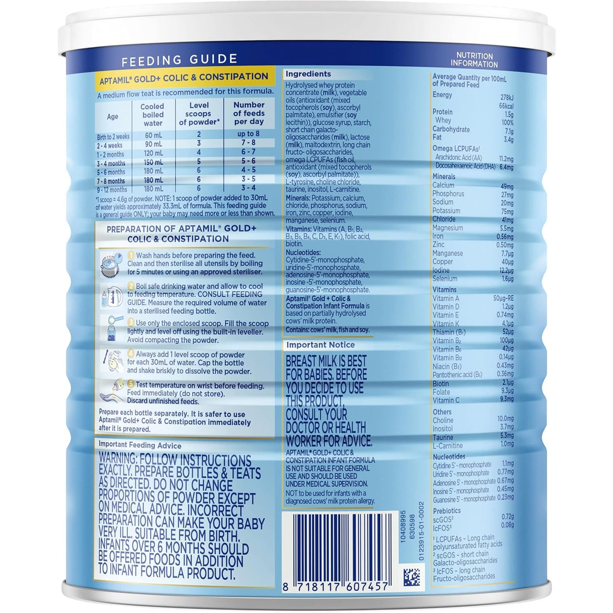 Aptamil Gold+ Colic & Constipation Baby Infant Formula From Birth to 12 Months 900g