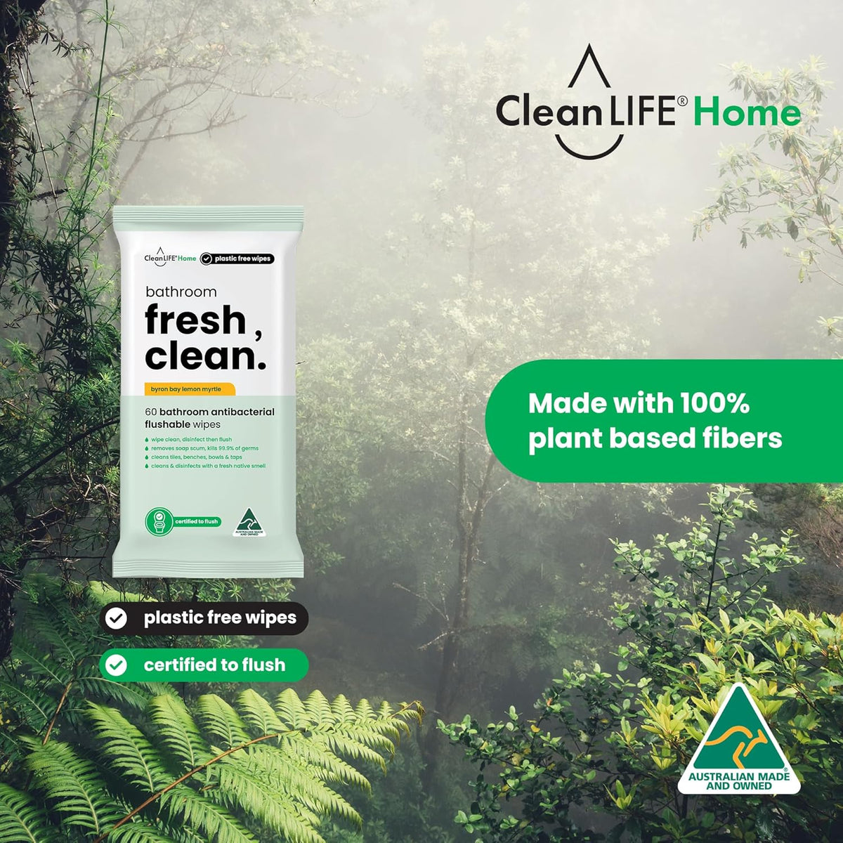 CleanLIFE Bathroom Fresh Clean Flushable Plastic Free Wipes 60pk