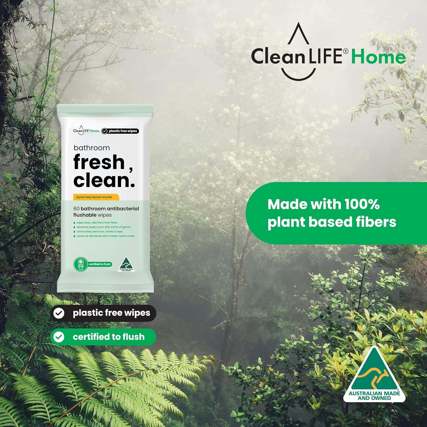 CleanLIFE Bathroom Fresh Clean Flushable Plastic Free Wipes 60pk