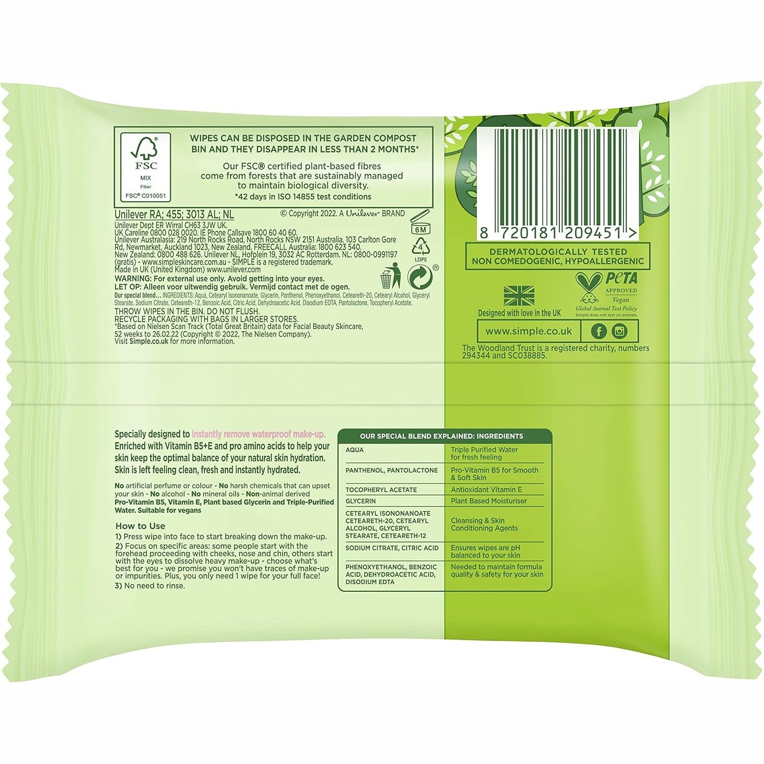 Simple Biodegradable Facial Wipes 2 X 25 Wipes